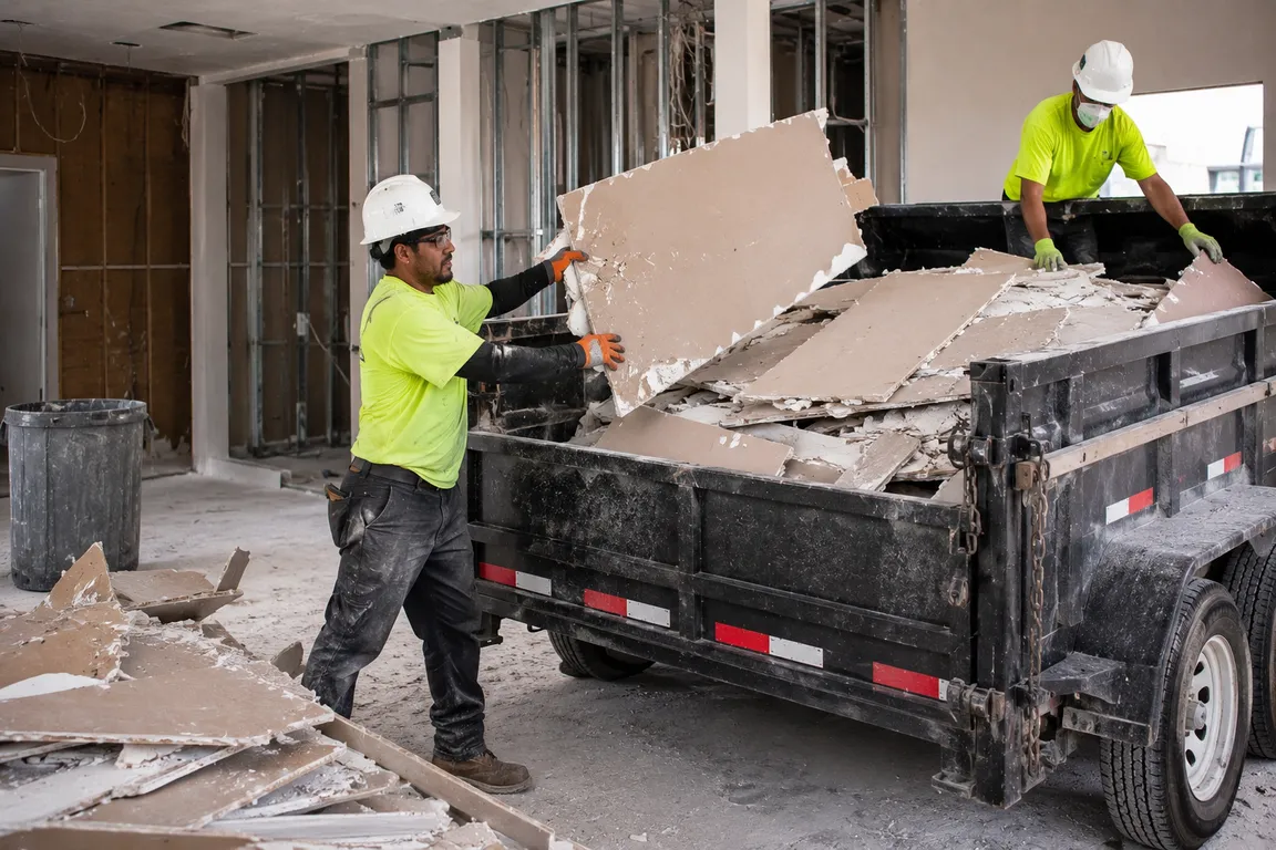 Commercial drywall disposal crew removing renovation debris