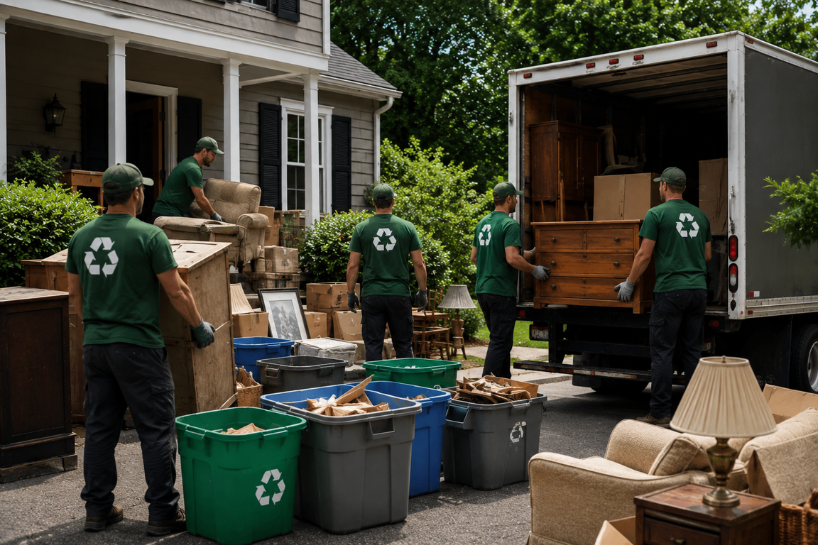 Estate cleanout team sorting recyclable materials responsibly