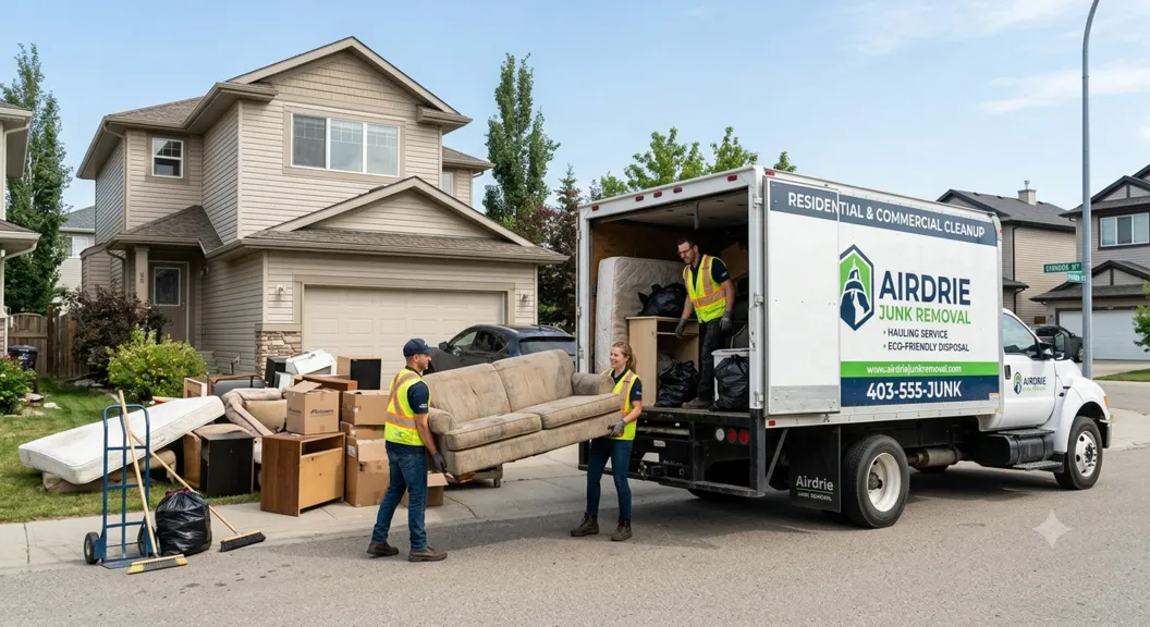 Junk removal crew cleaning a residential property in Airdrie