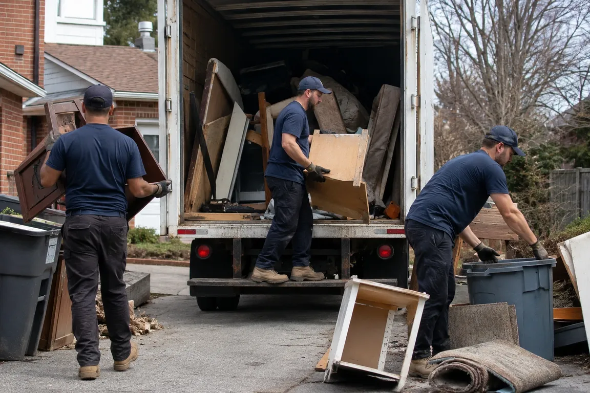 Junk removal crew cleaning a residential property in Ajax