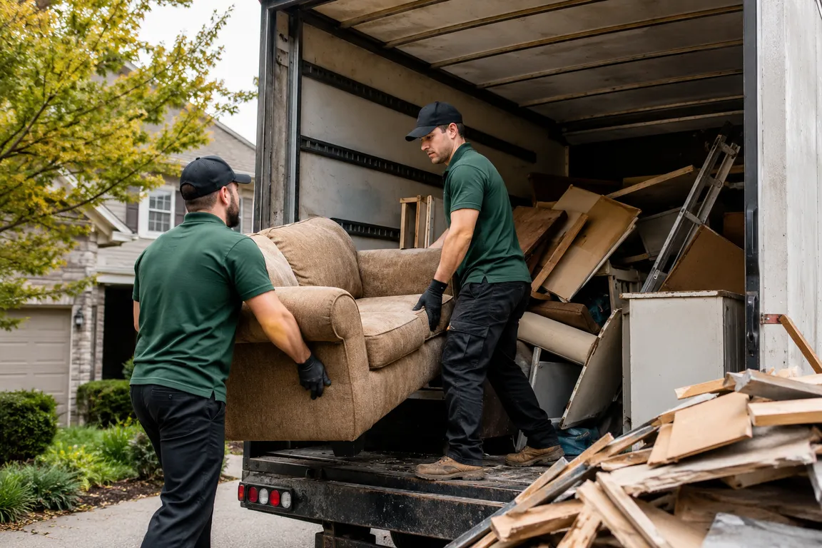 Junk removal crew cleaning a residential property in Burlington