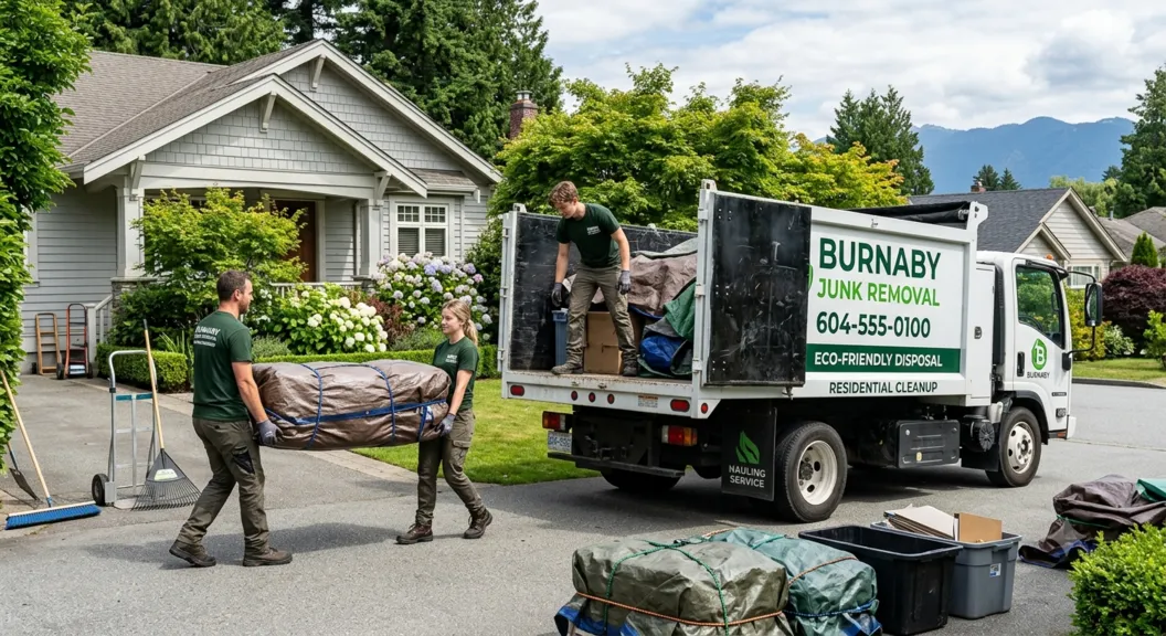 Junk removal crew cleaning a residential property in Burnaby