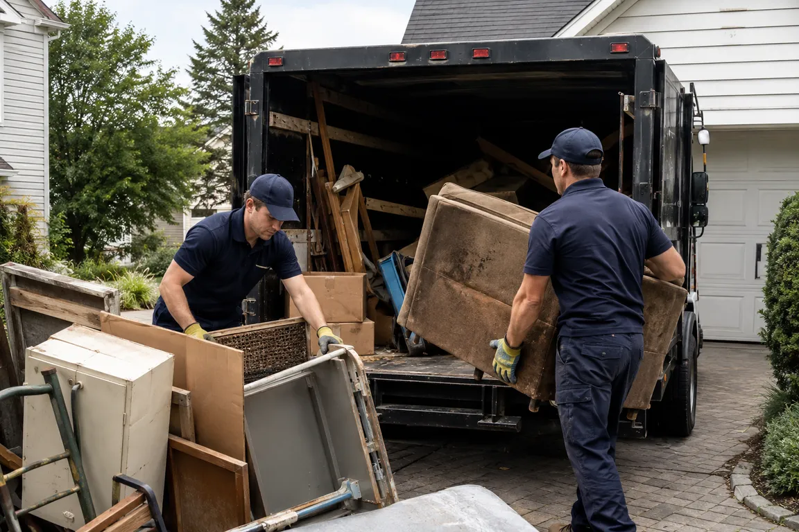 Junk removal crew cleaning a residential property in Cambridge