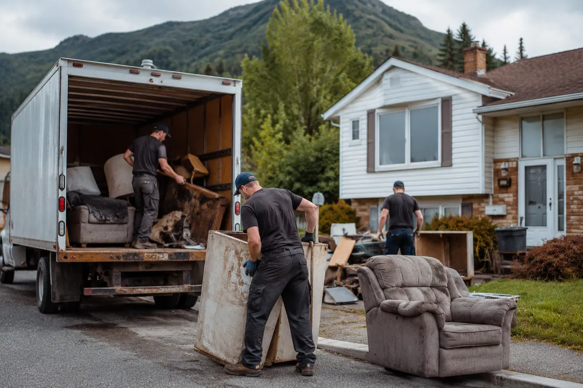 Junk removal crew cleaning a residential property in Corner Brook
