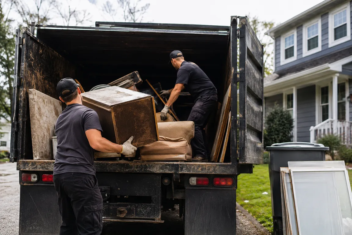 Junk removal crew cleaning a residential property in Fredericton