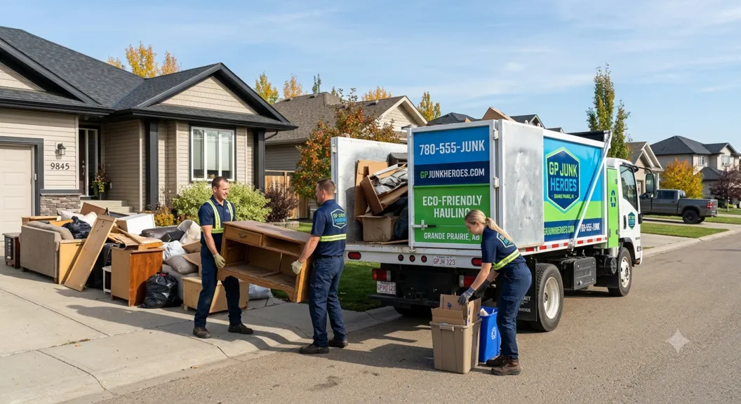 Junk removal crew cleaning a residential property in Grande Prairie