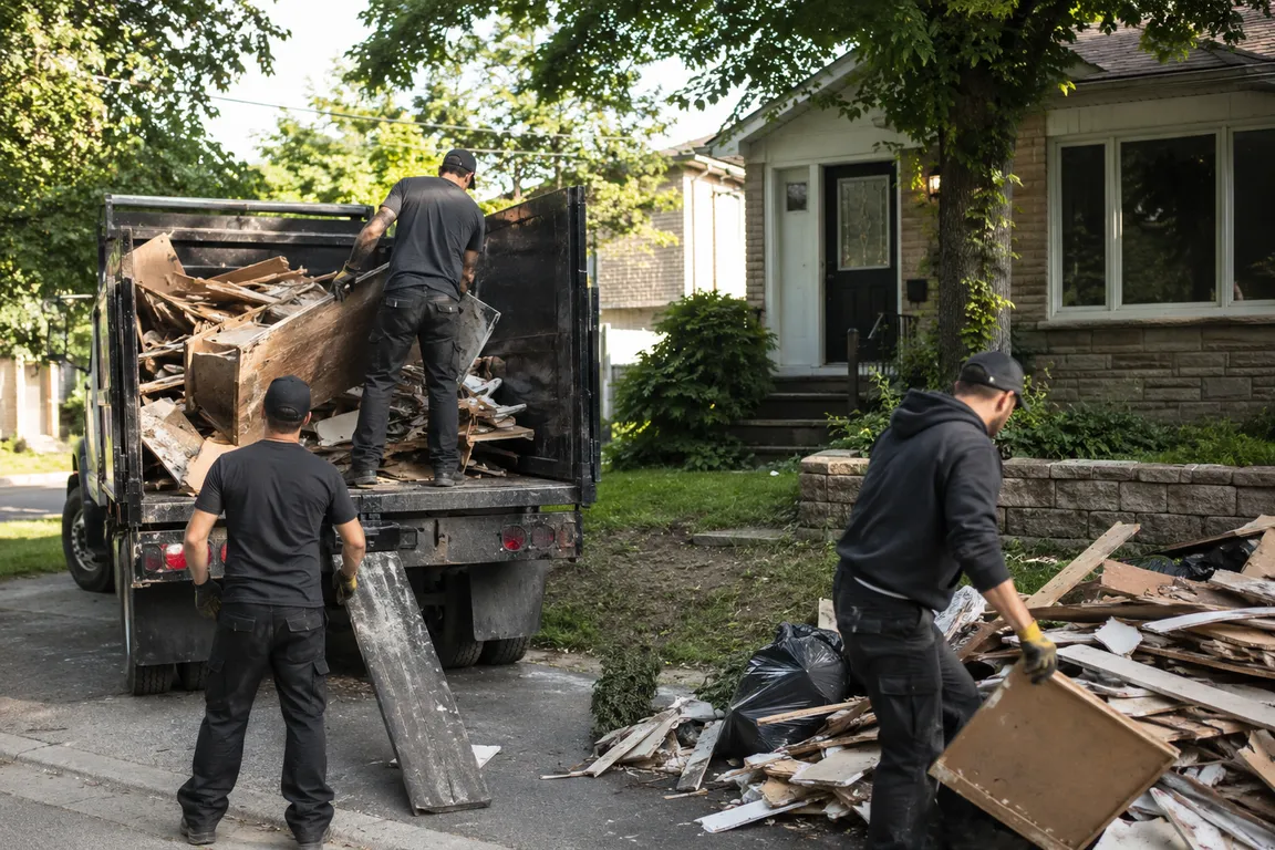 Junk removal crew cleaning a residential property in Hamilton