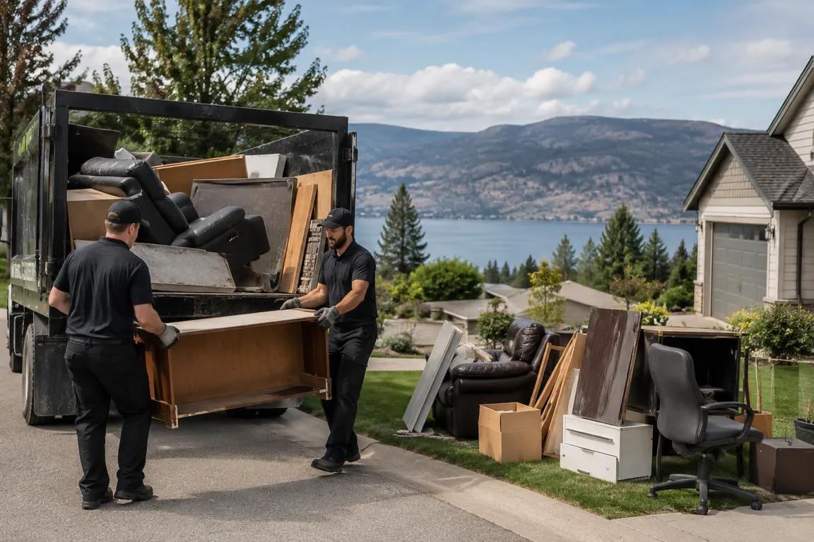 Junk removal crew cleaning a residential property in Kelowna