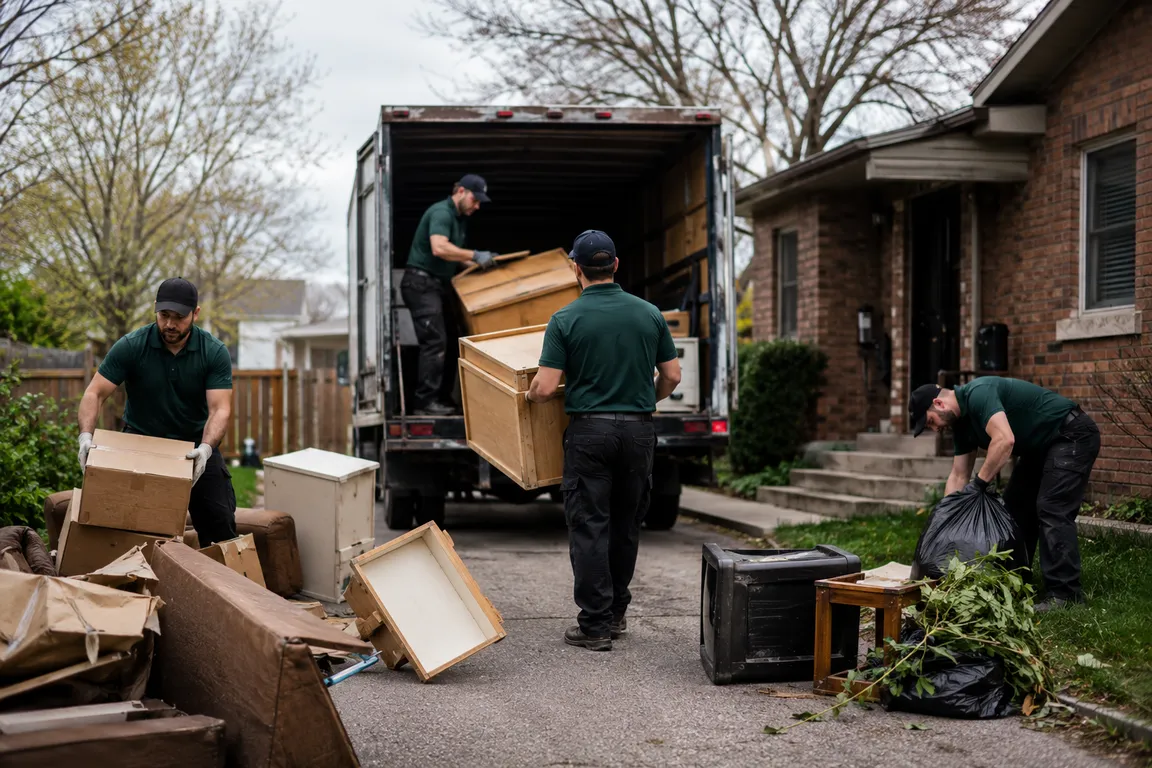 Junk removal crew cleaning a residential property in Kitchener