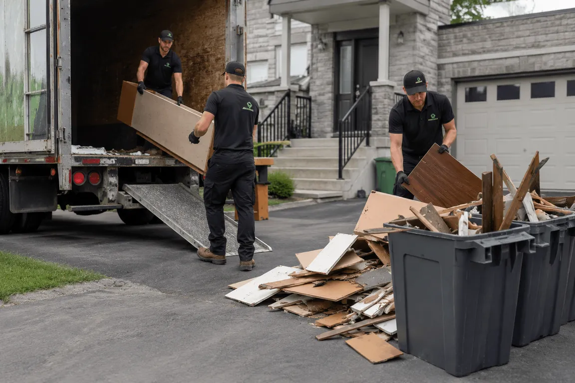 Junk removal crew cleaning a residential property in Laval