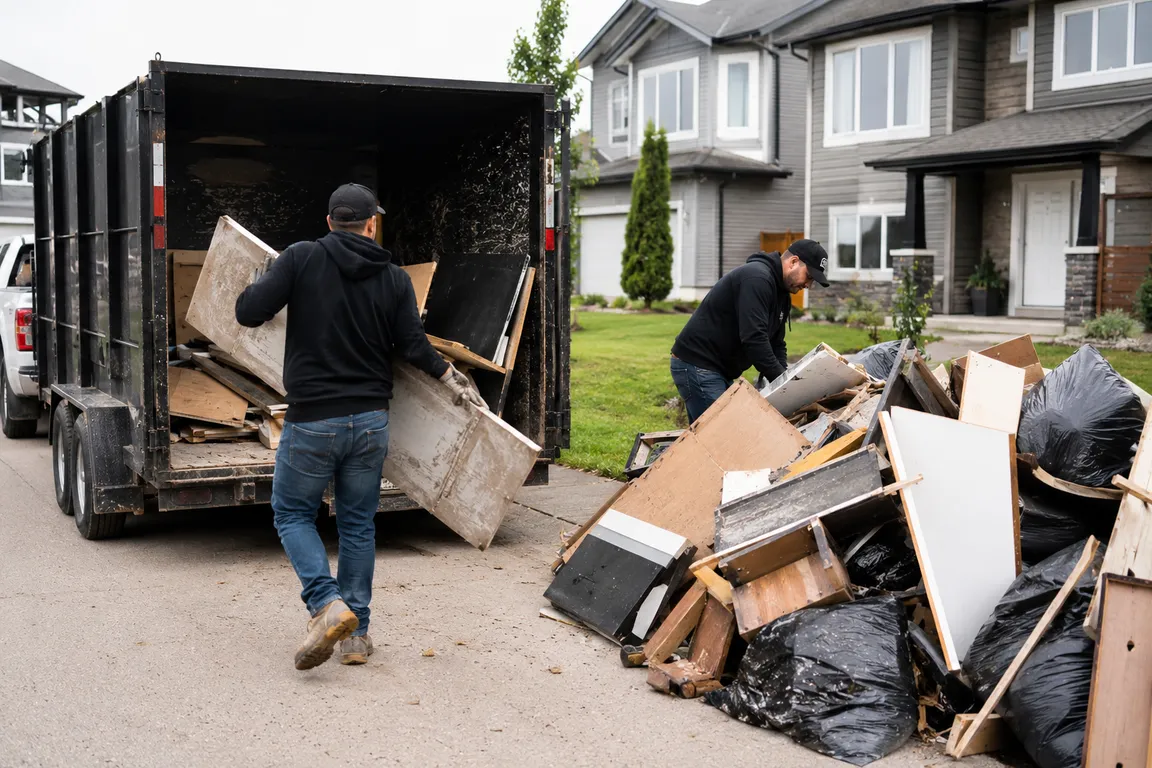 Junk removal crew cleaning a residential property in Leduc