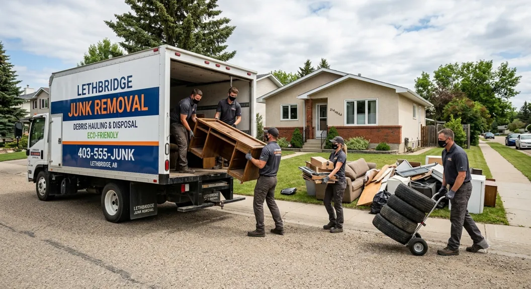 Junk removal crew cleaning a residential property in Lethbridge