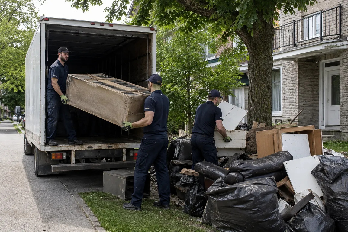 Junk removal crew cleaning a residential property in Longueuil