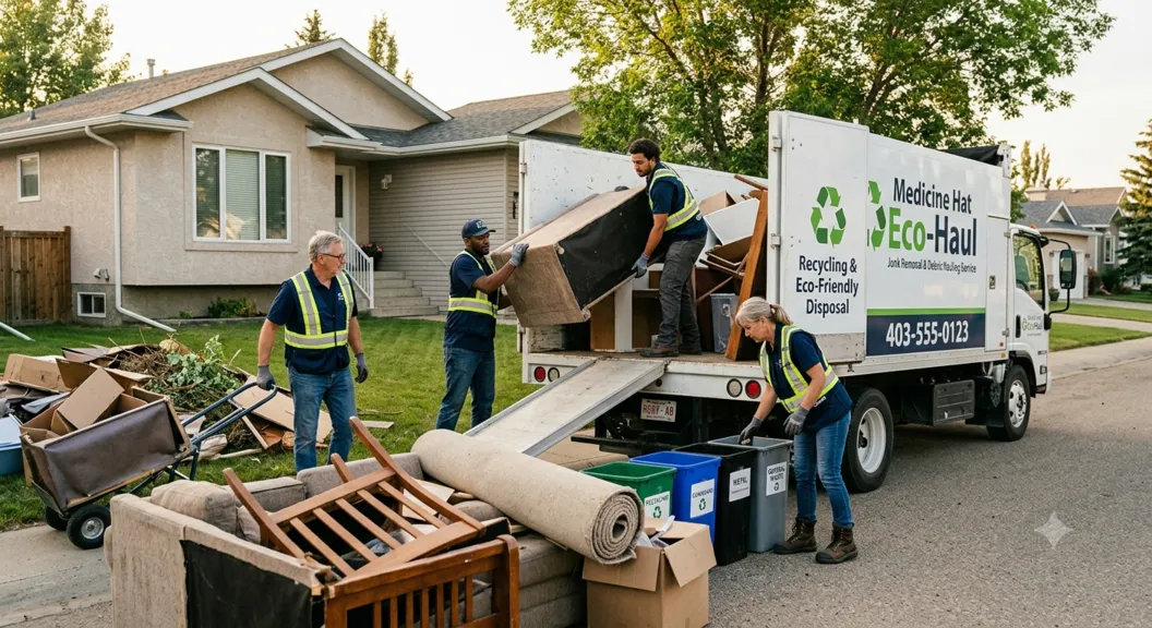 Junk removal crew cleaning a residential property in Medicine Hat