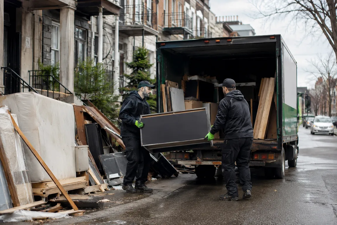 Junk removal crew cleaning a residential property in Montreal