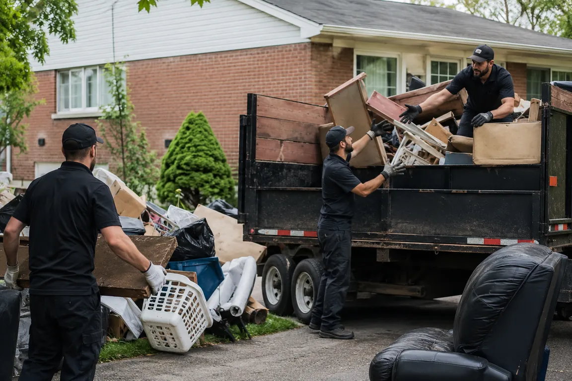 Junk removal crew cleaning a residential property in Oshawa