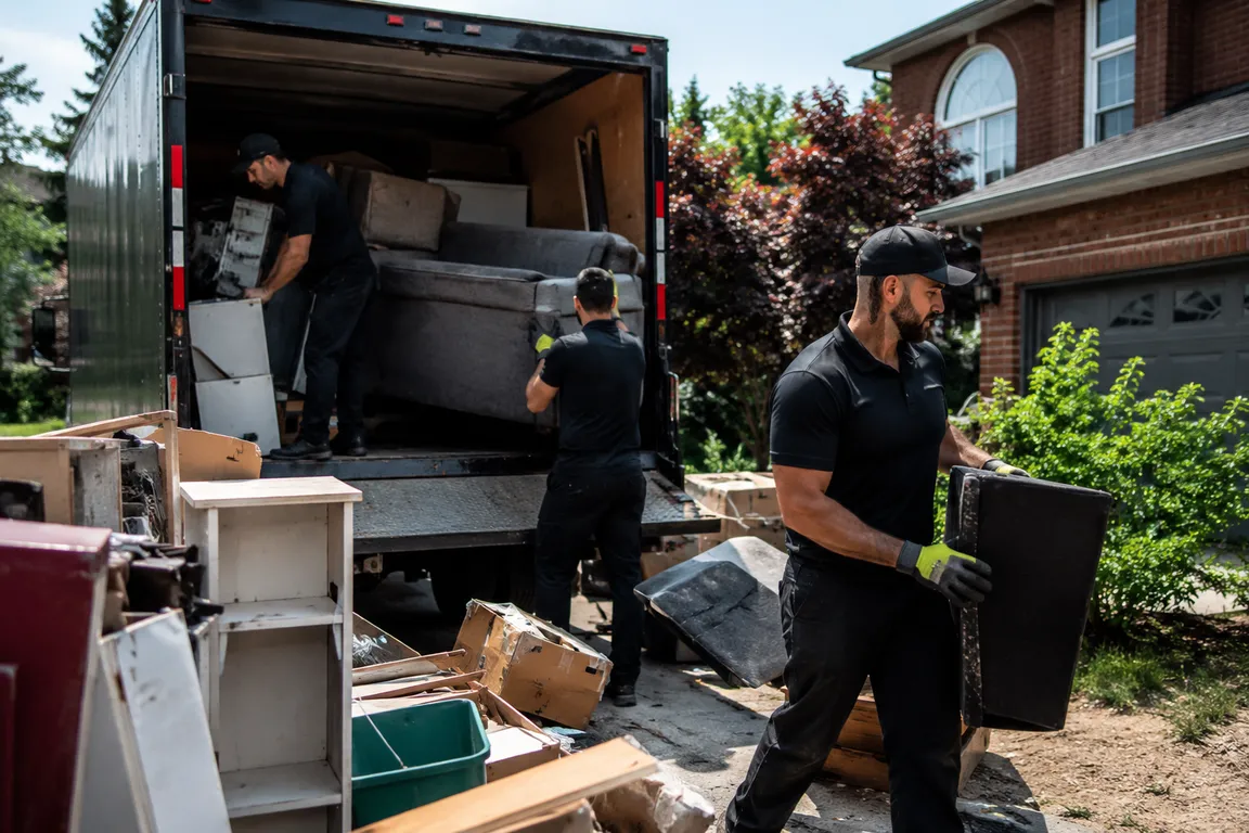 Junk removal crew cleaning a residential property in Pickering