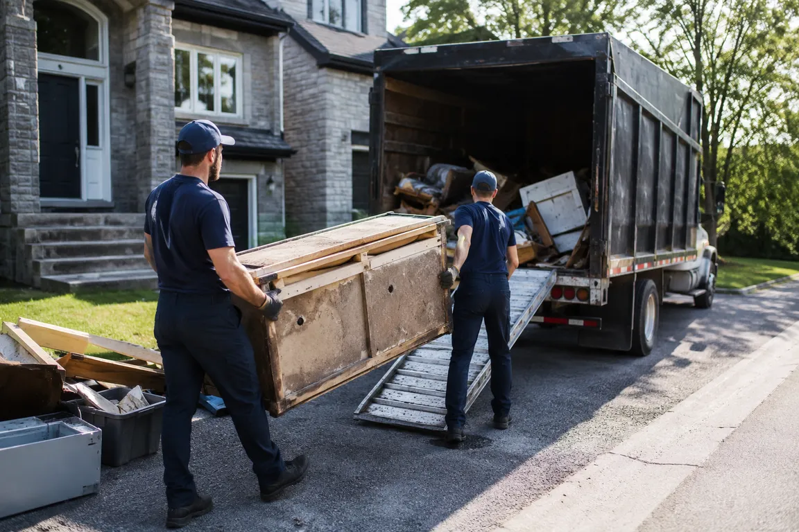 Junk removal crew cleaning a residential property in Quebec City