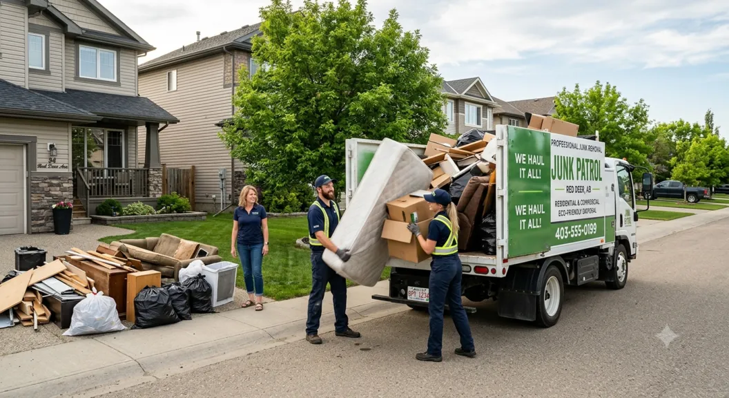 Junk removal crew cleaning a residential property in Red Deer