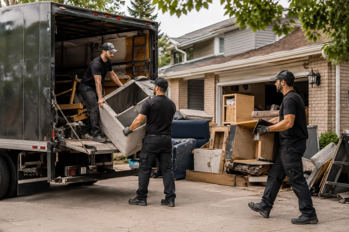 Junk removal crew cleaning a residential property in Regina