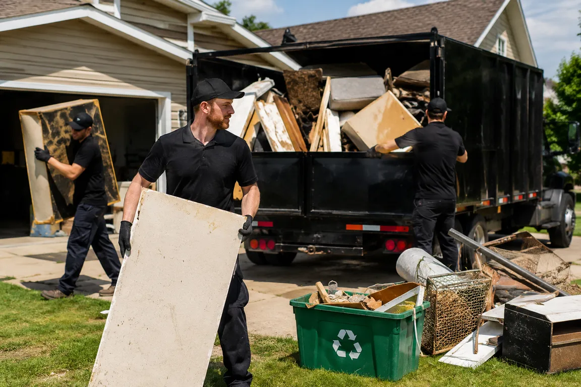 Junk removal crew cleaning a residential property in Saskatoon