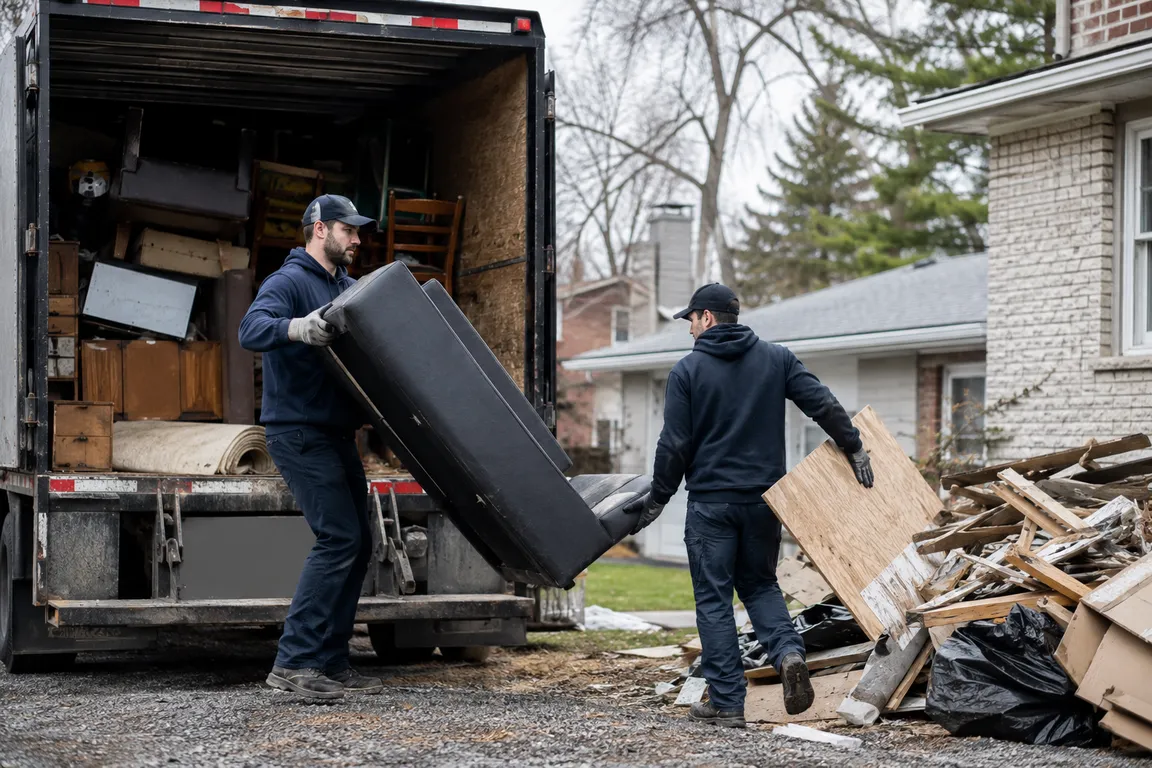 Junk removal crew cleaning a residential property in Sherbrooke