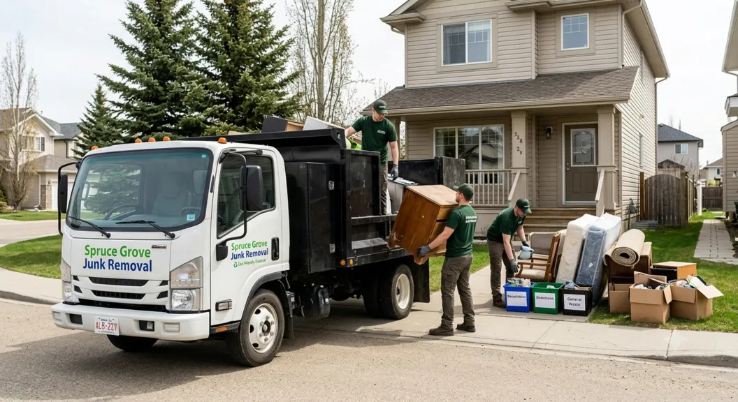 Junk removal crew cleaning a residential property in Spruce Grove