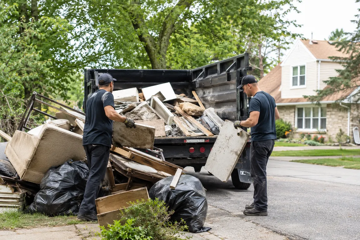 Junk removal crew cleaning a residential property in St. Catharines