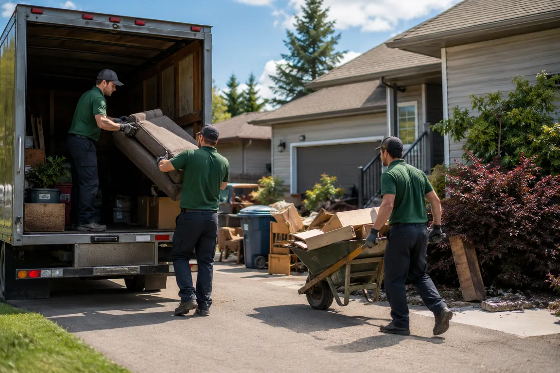 Junk removal crew cleaning a residential property in Swift Current