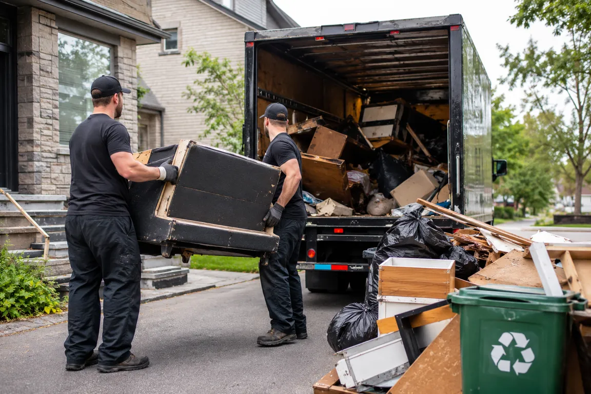 Junk removal crew cleaning a residential property in Trois-Rivières