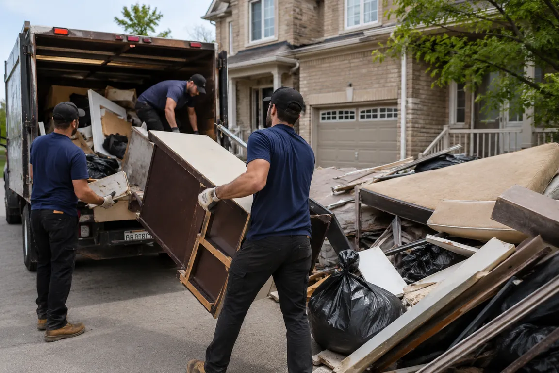 Junk removal crew cleaning a residential property in Vaughan