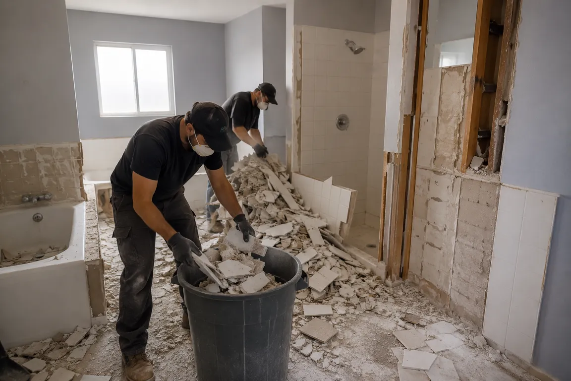 Bathroom renovation debris removal crew clearing demolition waste