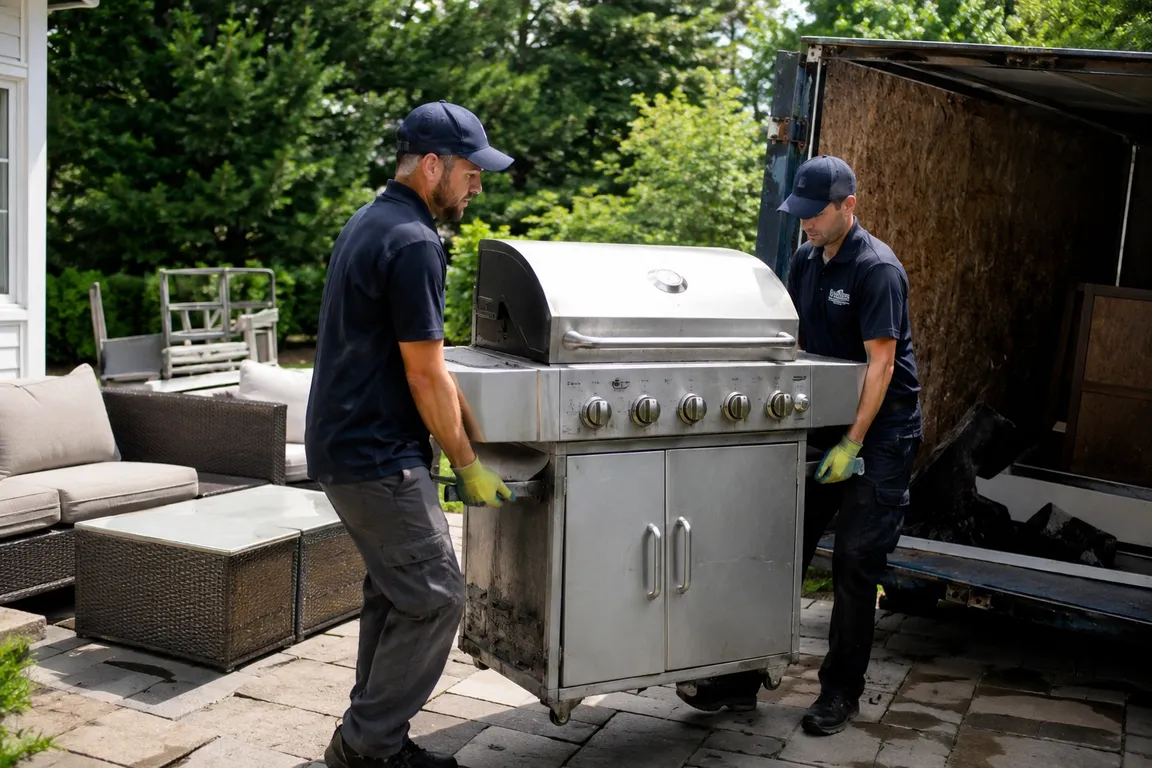 Crew removing old BBQ and patio furniture from a property