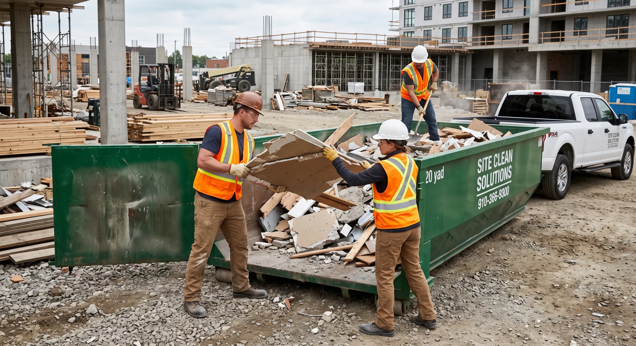 Crew loading debris into a disposal bin during cleanup