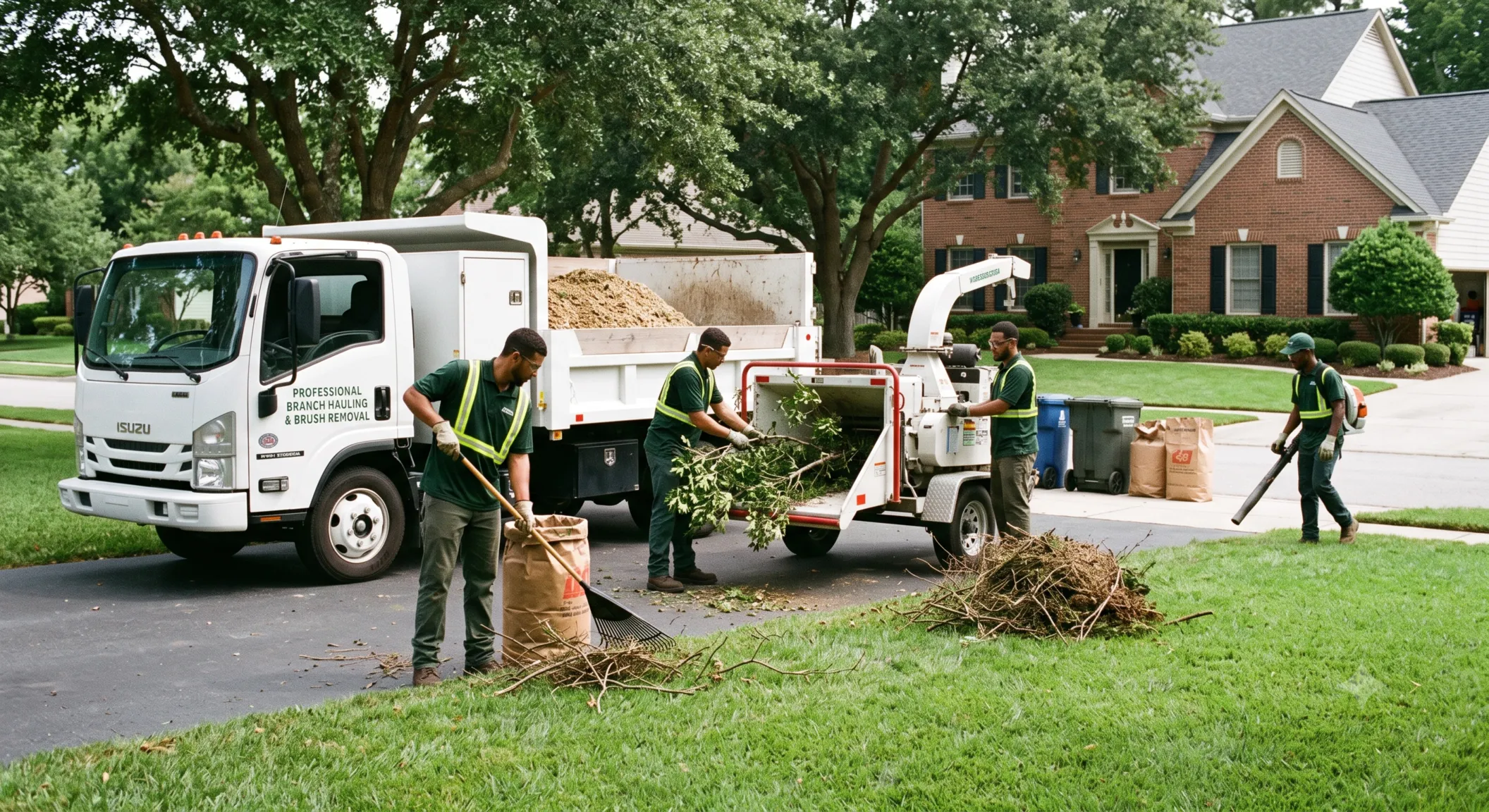 Branch hauling crew removing brush and tree debris