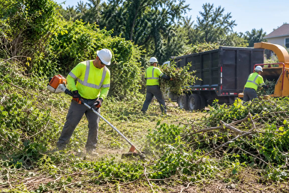 Crew clearing overgrown brush and vegetation from a property