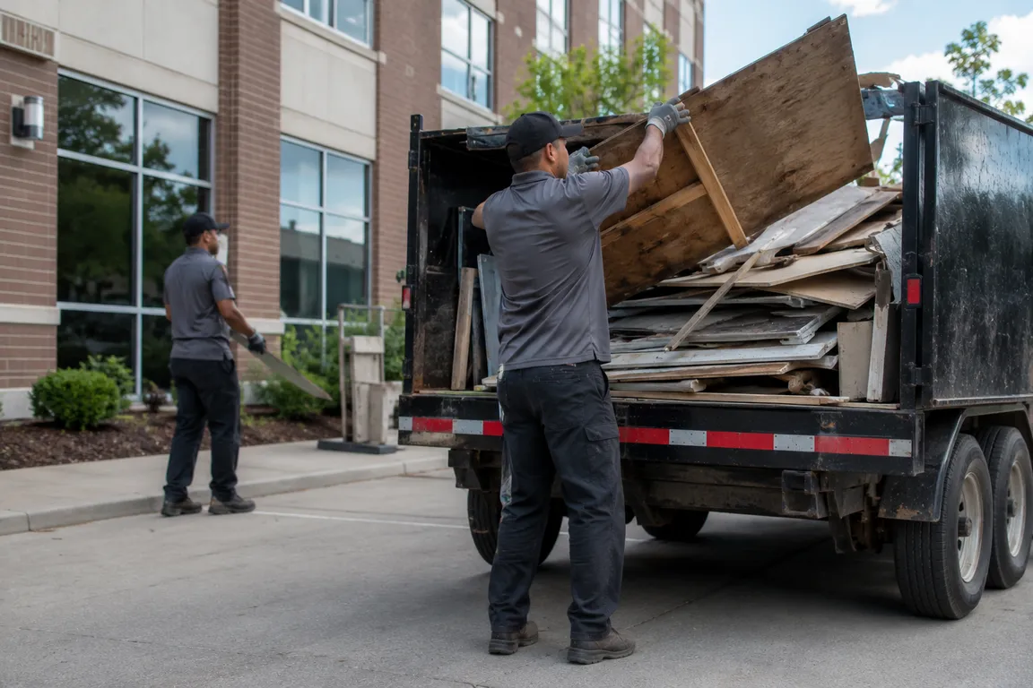 Crew hauling maintenance debris from a commercial building