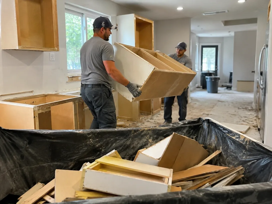 Cabinet disposal crew removing old kitchen cabinets