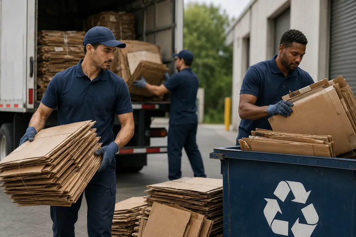 Crew collecting cardboard materials for recycling