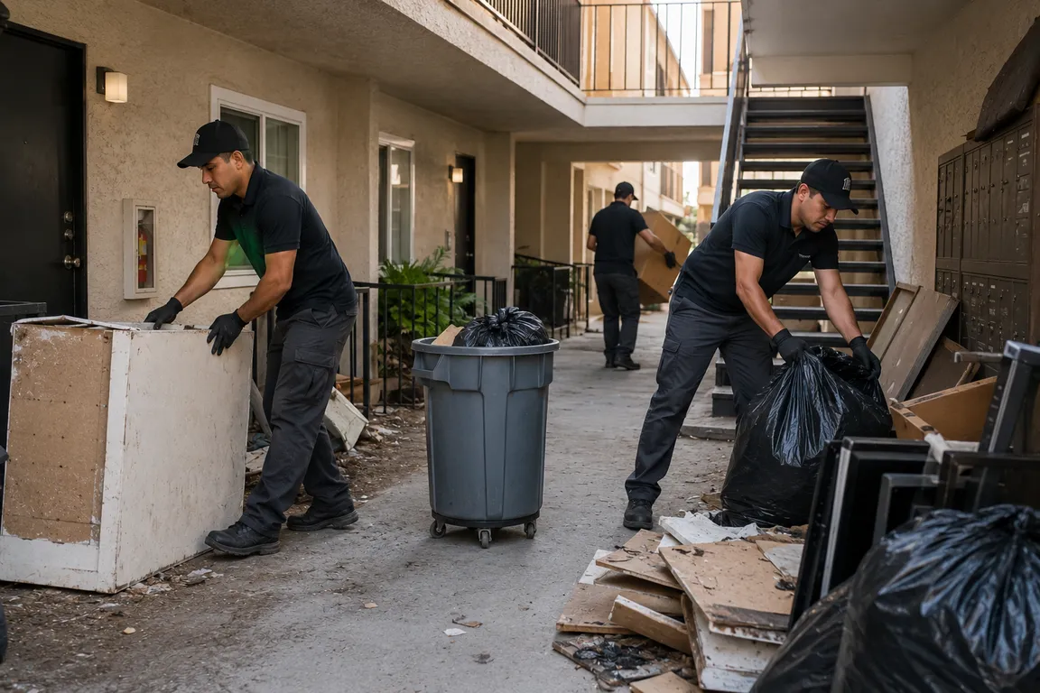 Crew cleaning and organizing a building common area