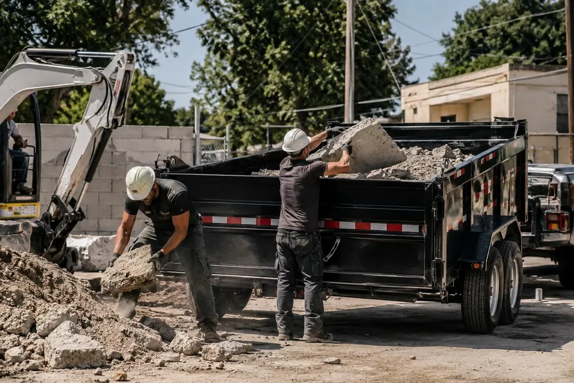 Crew loading concrete and rubble debris for hauling