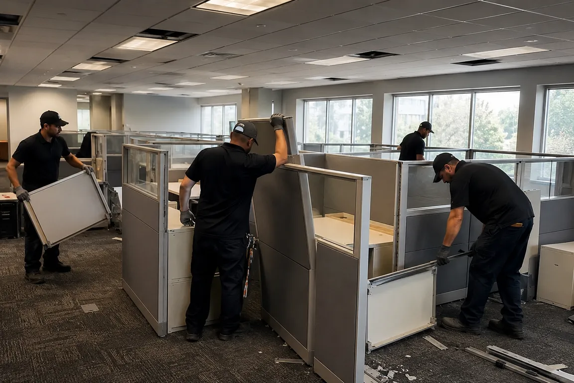 Crew dismantling and removing office cubicles