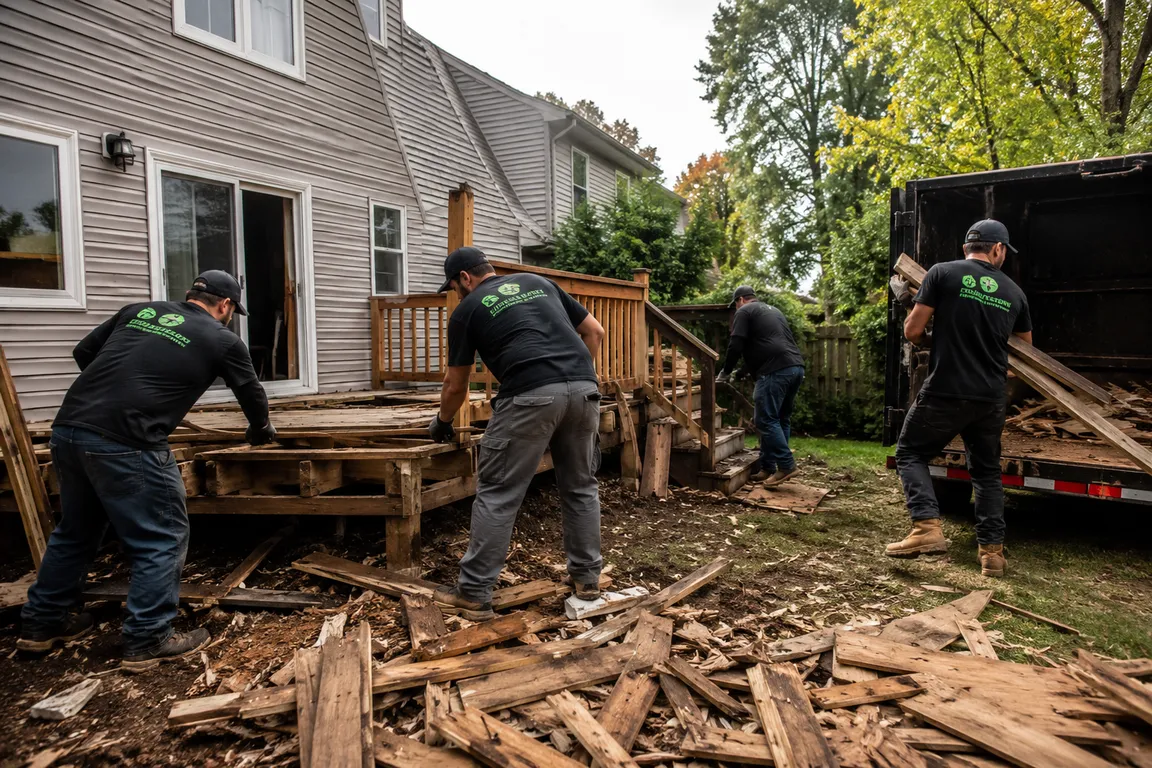 Deck removal crew dismantling an old backyard deck