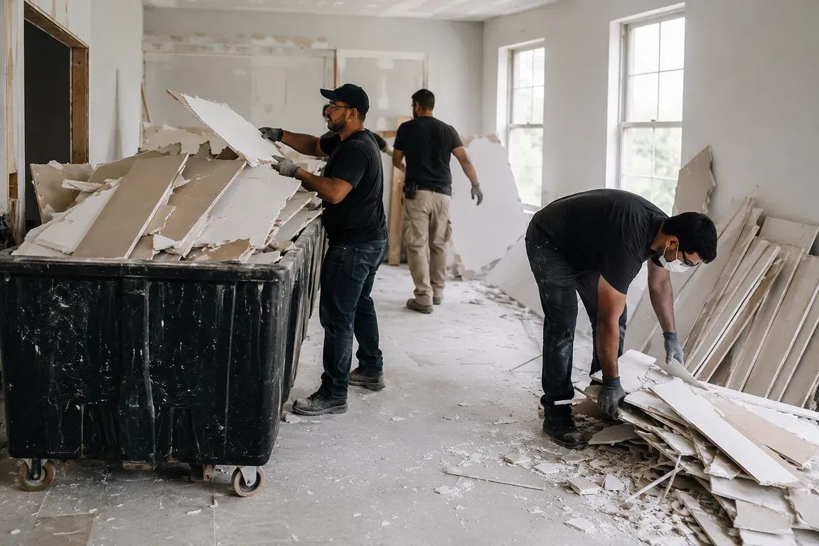 Drywall disposal crew removing renovation debris