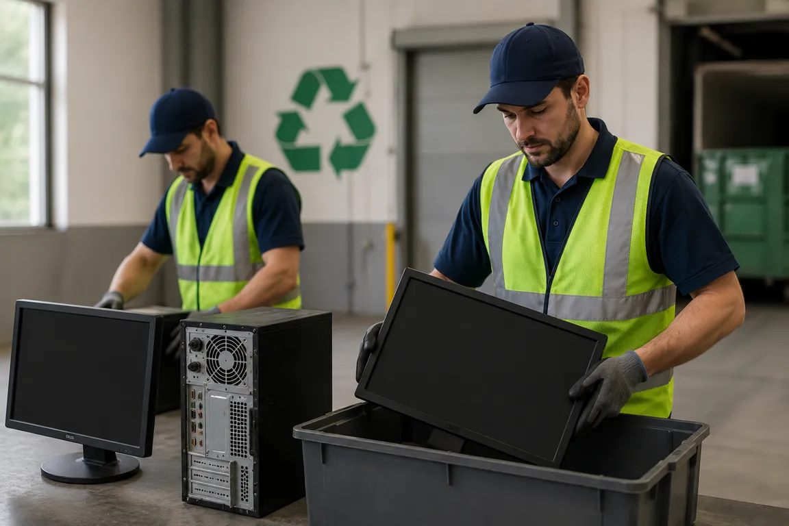 Crew collecting electronic devices for recycling and disposal