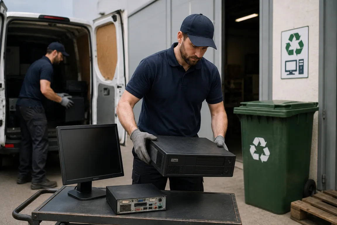 Crew collecting electronic waste for recycling