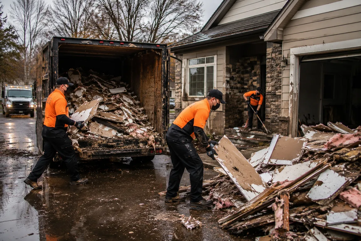 Crew performing urgent property cleanup and debris removal