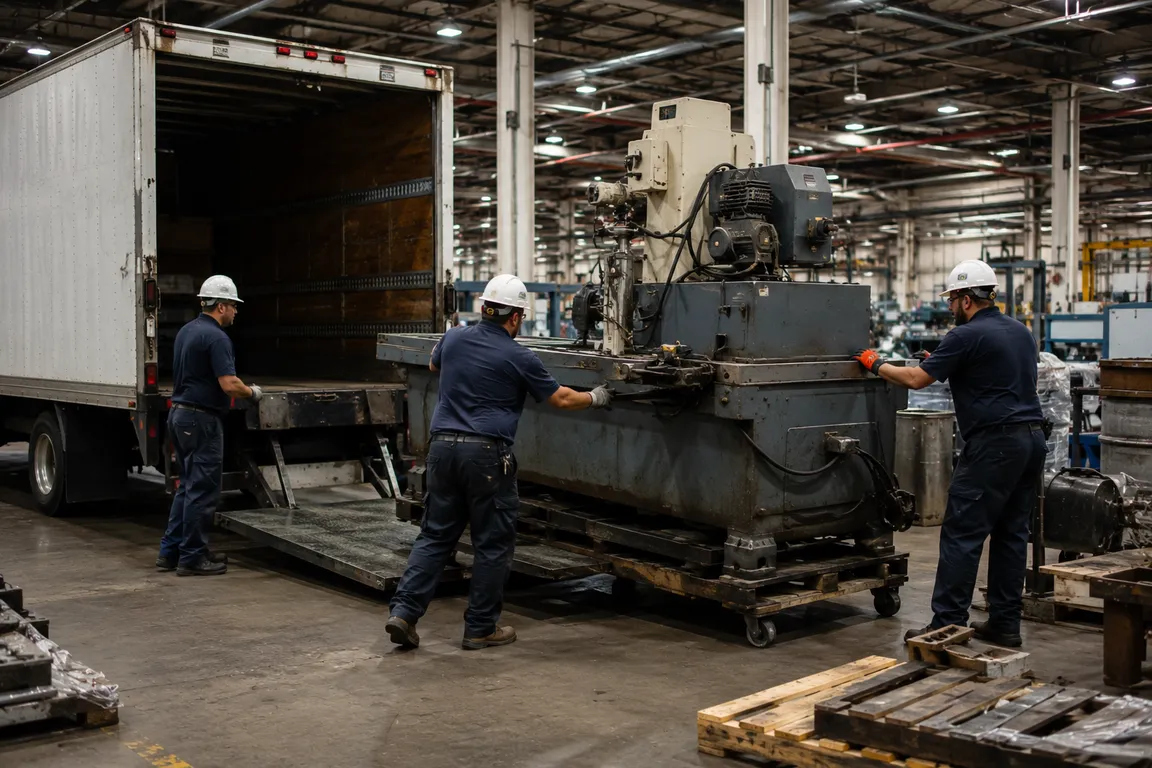 Crew removing heavy equipment from a commercial facility