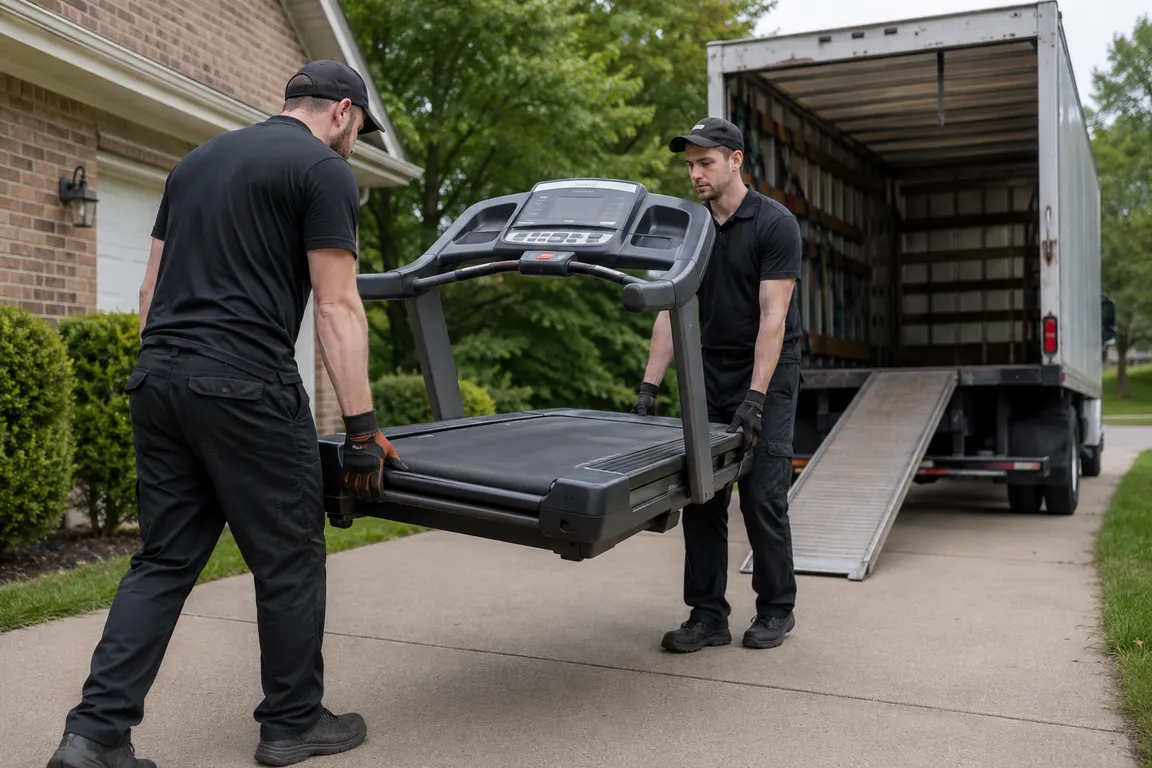 Crew removing heavy exercise equipment from a property