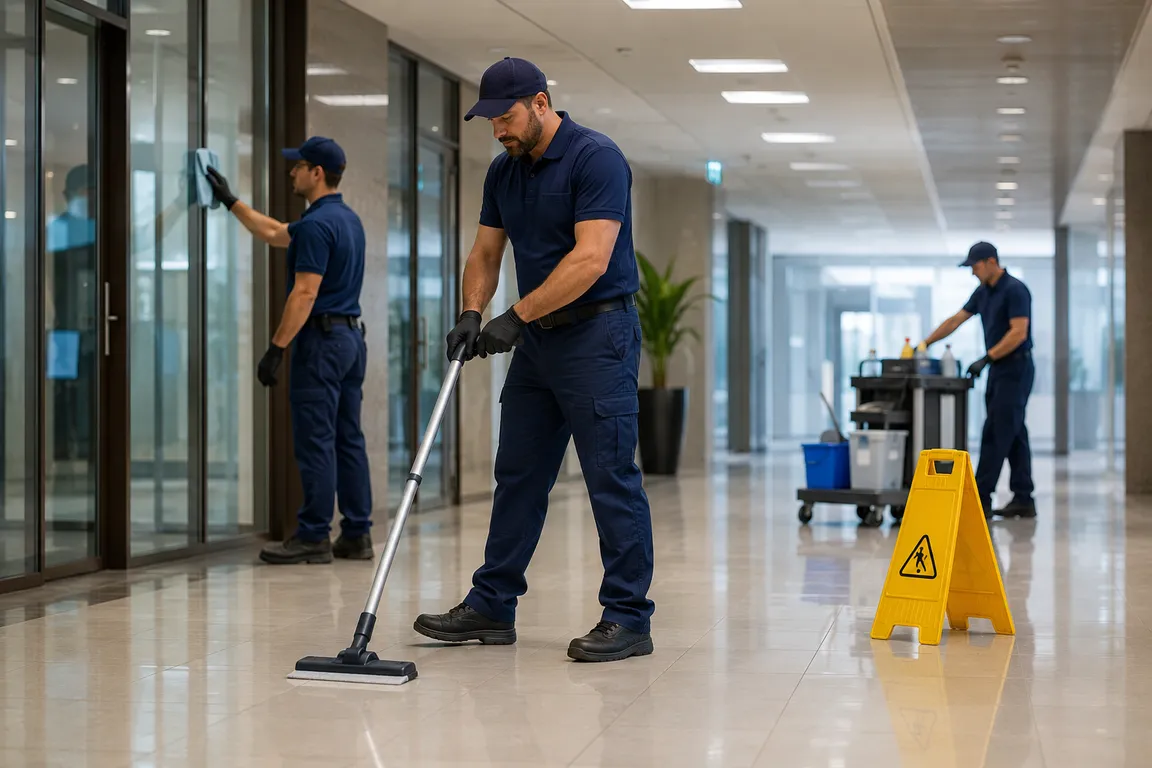 Facility maintenance crew performing cleanup and organization tasks